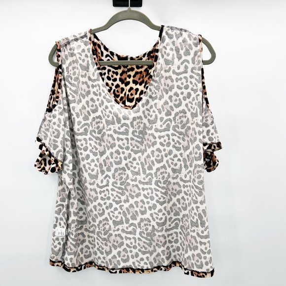 Venus Cold Shoulder V-Neck Short Sleeve Leopard Blouse XL - Picture 3 of 8